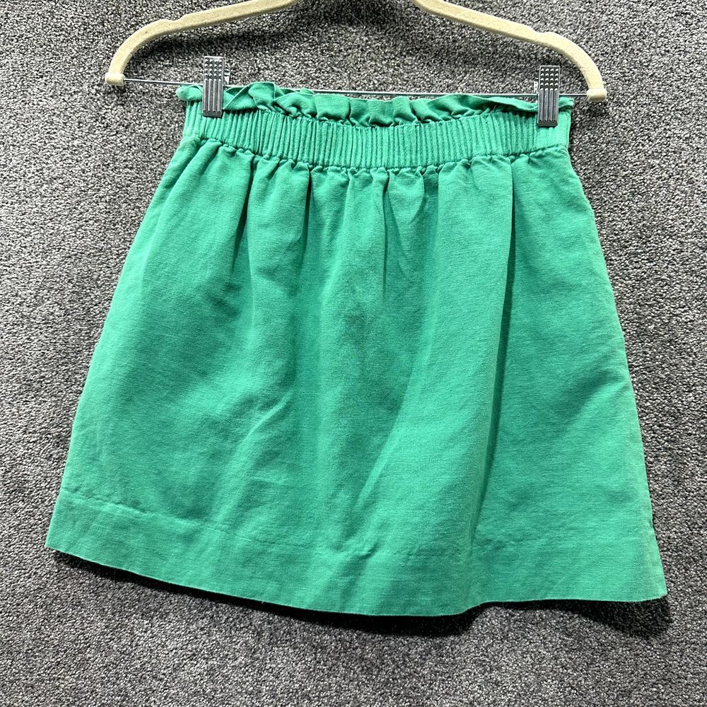 J Crew Sidewalk Mini Skirt 2 Geen Linen Cotton Pockets Pull On Lined Casual‎